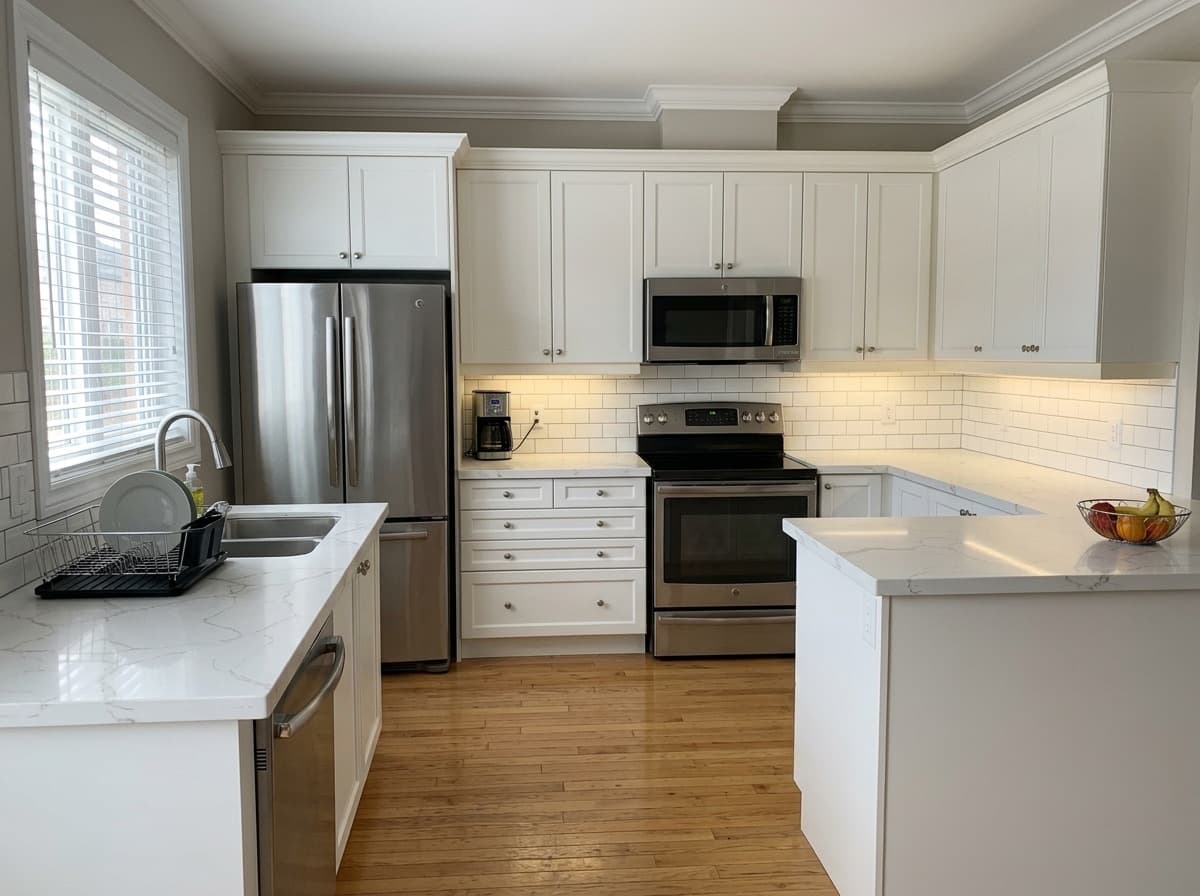 The finished kitchen with HanStone Calacatta Mont quartz countertops on the L-shaped run and island