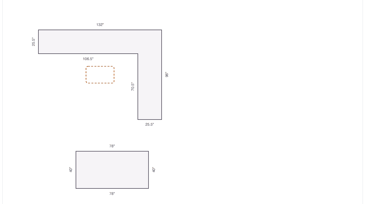 Estimator drawing of the L-shaped kitchen and island with dimensions in inches