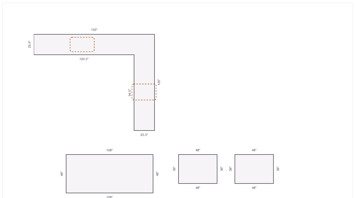 Estimator drawing: Large kitchen + waterfall island, 103 sq ft