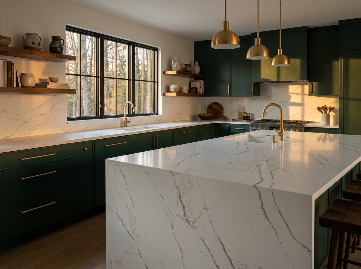 Calacatta Extra by HanStone — green kitchen