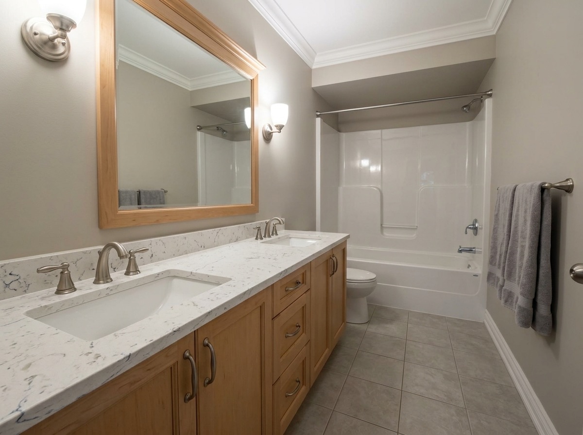 Coral White by Lucent Quartz — bathroom vanity